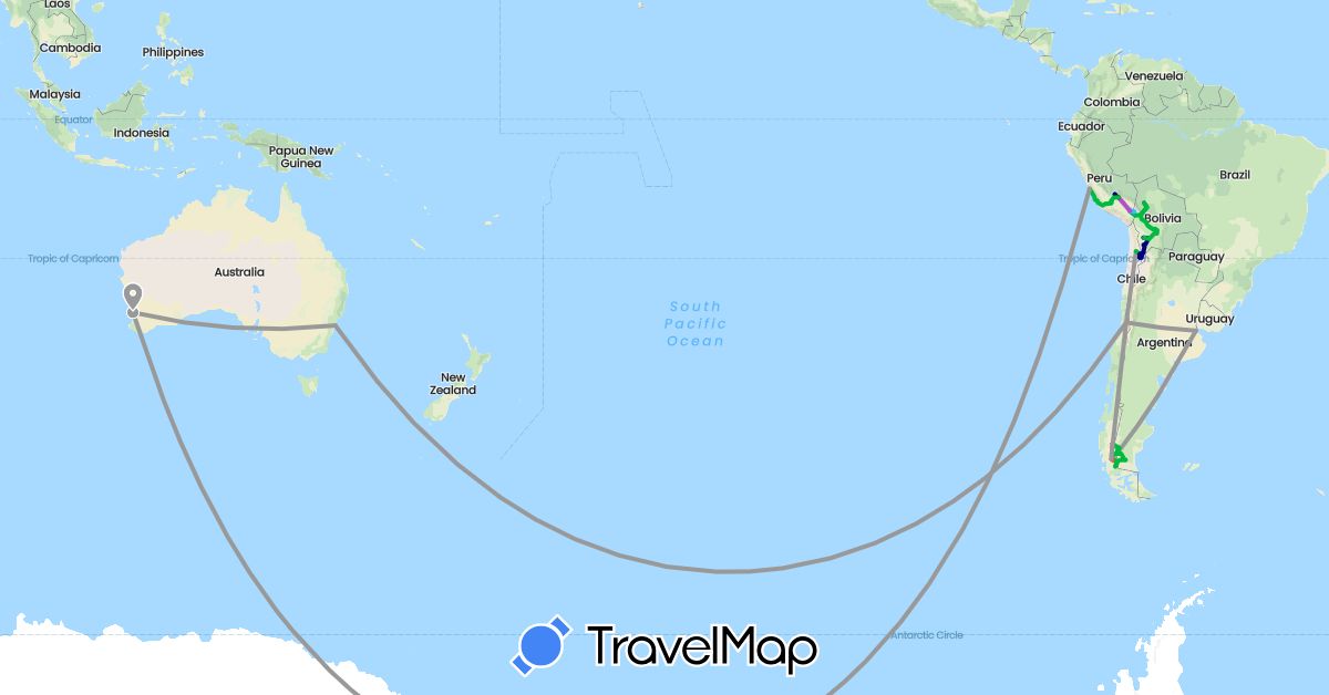 TravelMap itinerary: driving, bus, plane, train, hiking, boat in Argentina, Australia, Bolivia, Chile, Peru (Oceania, South America)